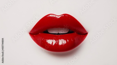 A bright red lipstick, shiny and smooth, stands out against a plain white backdrop.