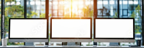 Contemporary office workspace featuring three blank monitors on a desk with natural light streaming through large windows
