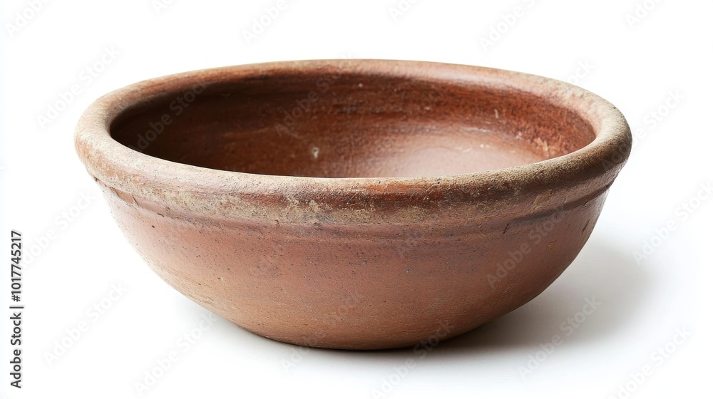 A brown clay bowl sits on a plain white background. A brown clay bowl sits on a plain white background.