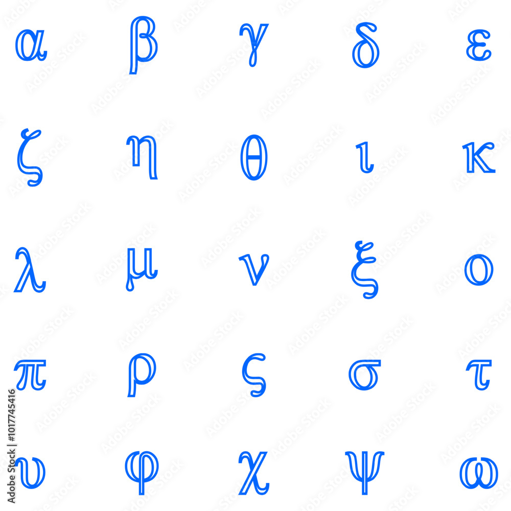 Script letters of the Greek alphabet in blue and white arranged in five rows and five columns Script letters of the Greek alphabet in blue and white arranged in five rows and five columns