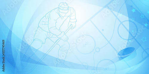 Hockey themed background in blue. Digital illustration featuring a hockey player on the ice, holding a stick and preparing to shoot the puck. The background has abstract shapes with lines.
