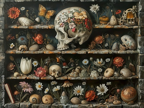 Still Life with Skull and Flowers: A Vanitas Composition photo