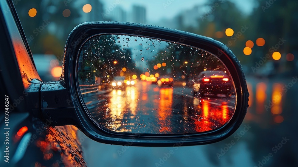 Car side mirror reflection of a wet autumn road with orange lights and trees Generative AI Car side mirror reflection of a wet autumn road with orange lights and trees Generative AI