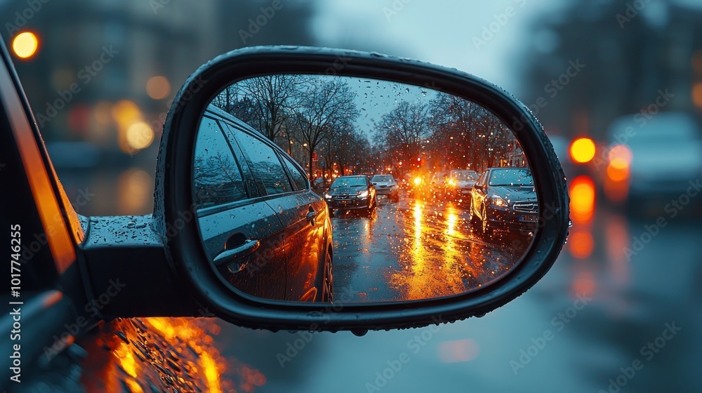 Car side mirror reflection of a wet autumn road with orange lights and trees Generative AI Car side mirror reflection of a wet autumn road with orange lights and trees Generative AI