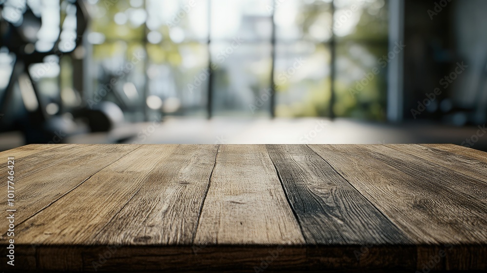 An empty, aged wooden tabletop with visible grain, set against a blurred gym background, offering space for product display or branding mockups An empty, aged wooden tabletop with visible grain, set against a blurred gym background, offering space for product display or branding mockups