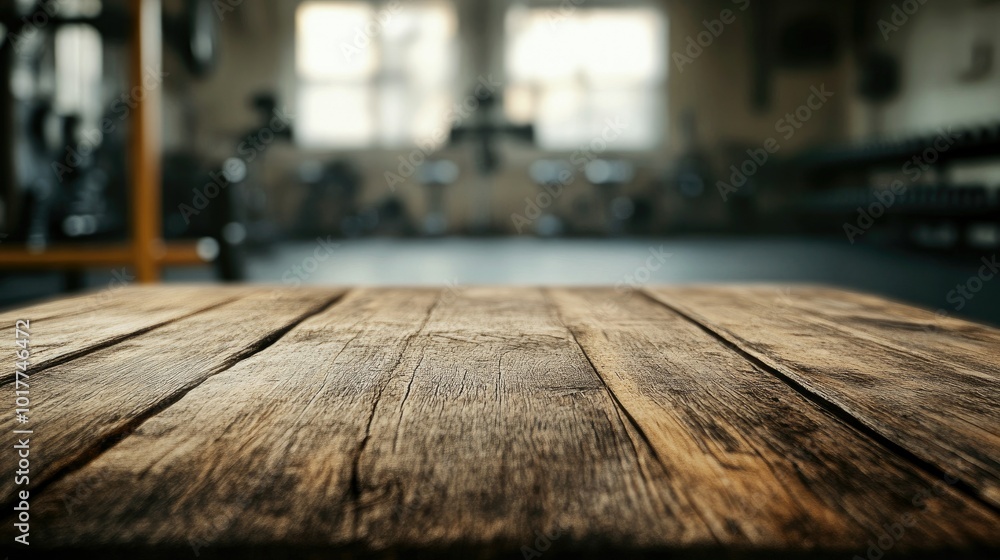 An empty, aged wooden tabletop with visible grain, set against a blurred gym background, offering space for product display or branding mockups An empty, aged wooden tabletop with visible grain, set against a blurred gym background, offering space for product display or branding mockups
