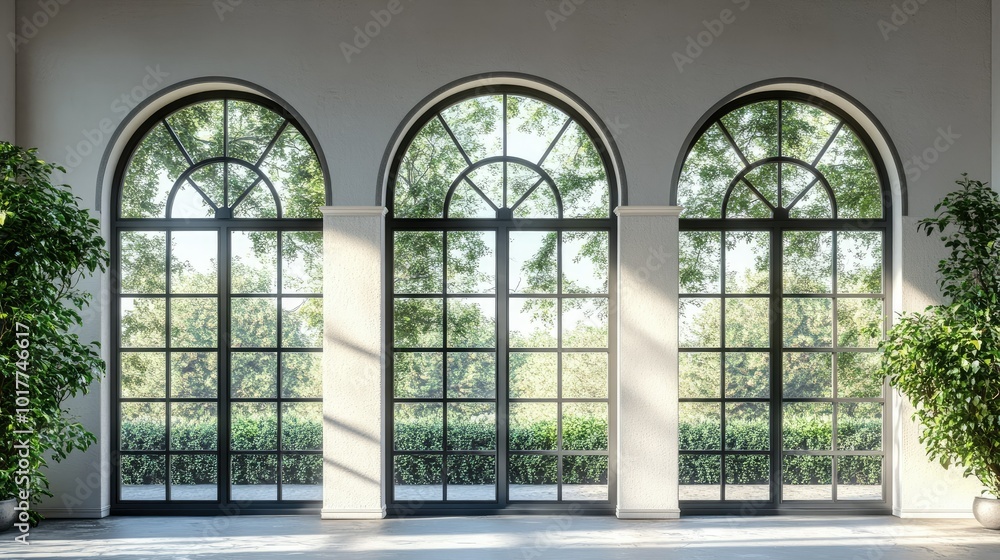 Arched open window set with metal frames and clear glass panes, viewed against a transparent backdrop. Arched open window set with metal frames and clear glass panes, viewed against a transparent backdrop.