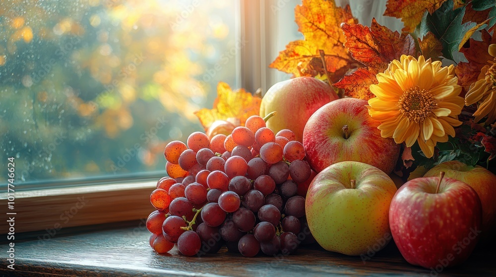 Fototapeta premium Autumn fruits display with apples, grapes, and leaves by a sunny window Generative AI