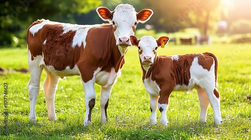 A cow and calf standing together in a grassy field. photo