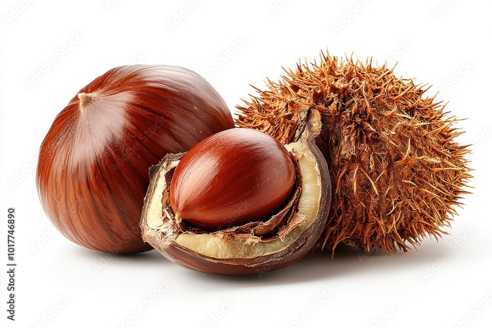 Close-up of fresh chestnuts with one partially open shell and spiky husk on a white background Generative AI Close-up of fresh chestnuts with one partially open shell and spiky husk on a white background Generative AI