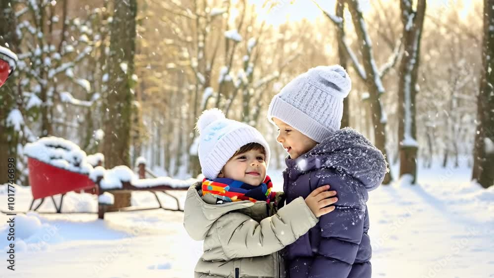 Two children playing in snow-covered park, wearing bright winter clothing. video Two children playing in snow-covered park, wearing bright winter clothing. video