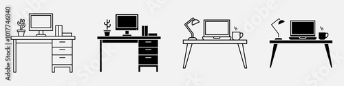 Office Desk and Workspace Icons Set