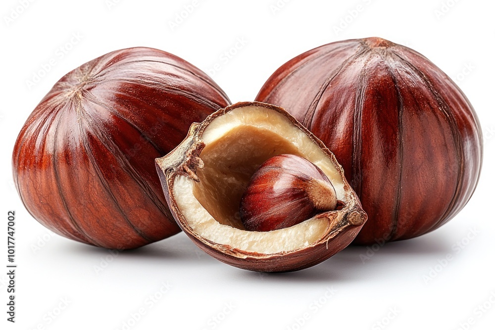 Close-up of fresh chestnuts with one partially open shell and spiky husk on a white background Generative AI Close-up of fresh chestnuts with one partially open shell and spiky husk on a white background Generative AI