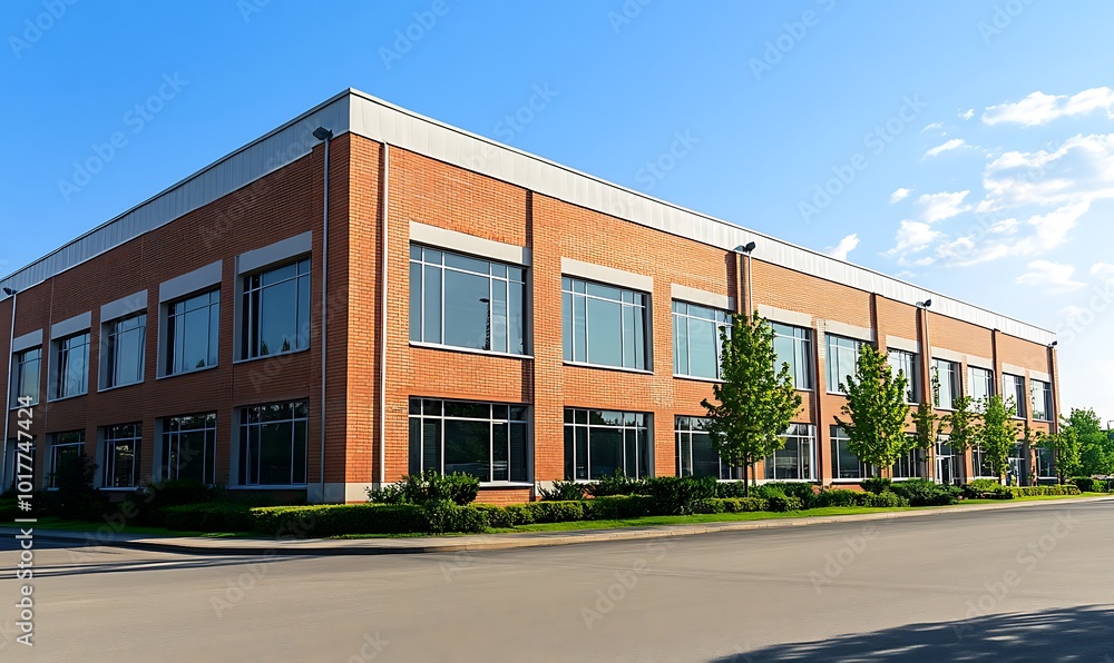 Modern Brick Office Building with Expansive Windows Modern Brick Office Building with Expansive Windows