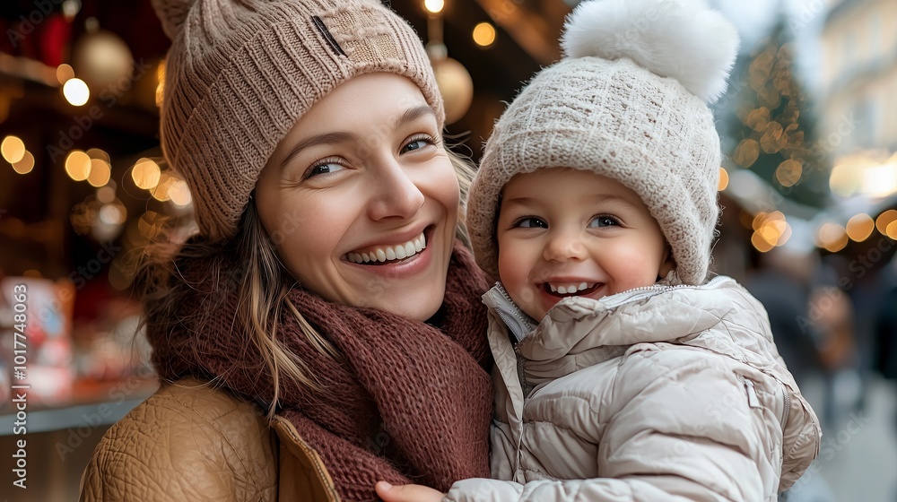 Obraz premium A joyful mother and child embrace, showcasing warmth and happiness in a festive winter setting with lights.