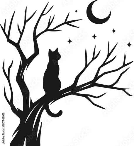 cat sitting on a tree branch silhouette design vector art illustration