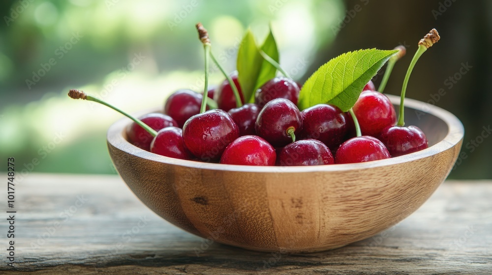 Cherries in a wooden bowl, vibrant red contrasting with green leaves, fresh-picked look. Cherries in a wooden bowl, vibrant red contrasting with green leaves, fresh-picked look.
