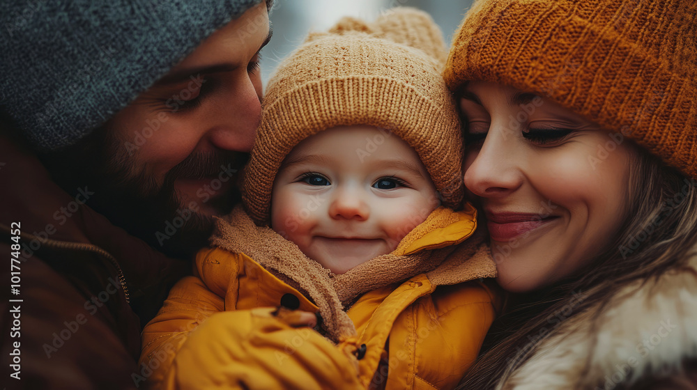 Happy Family Embraces Baby in Warm Winter Attire Happy Family Embraces Baby in Warm Winter Attire