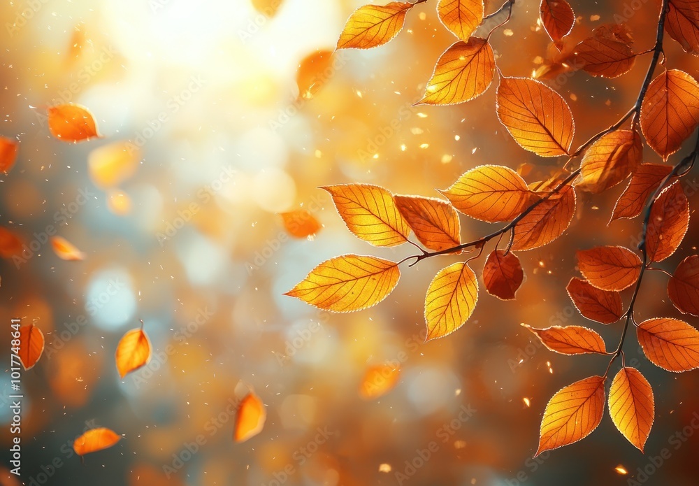 Autumn leaves falling in the golden sunlight with warm tones and glowing bokeh effects in the background Generative AI Autumn leaves falling in the golden sunlight with warm tones and glowing bokeh effects in the background Generative AI