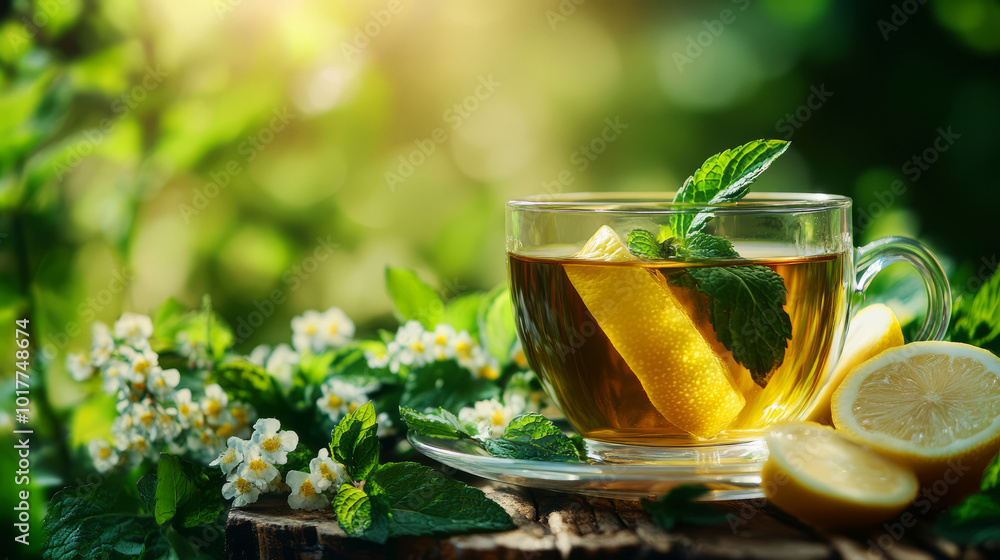Herbal Tea Garnished with Fresh Mint and Lemon Slice Herbal Tea Garnished with Fresh Mint and Lemon Slice