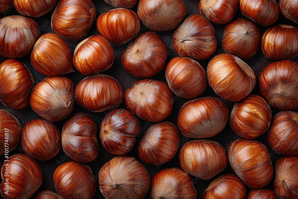 Top view of multiple shiny chestnuts with natural textures and earthy tones arranged closely together Generative AI Top view of multiple shiny chestnuts with natural textures and earthy tones arranged closely together Generative AI