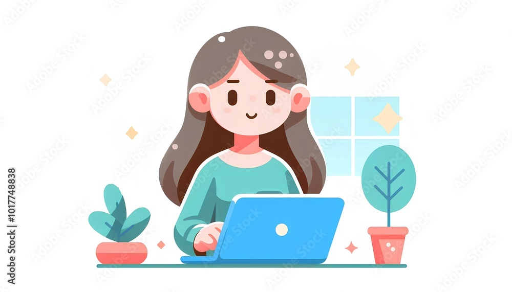 Girl using laptop, cartoon illustration Girl using laptop, cartoon illustration