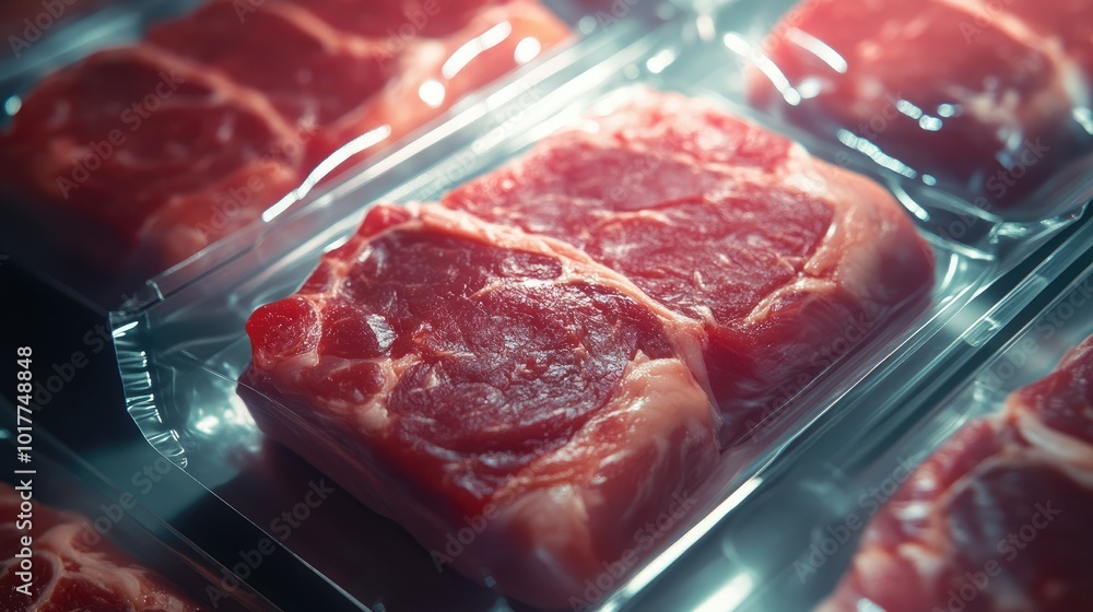 Close-up of artificial meat in transparent packaging, top-down view, focusing on labels and textures. Close-up of artificial meat in transparent packaging, top-down view, focusing on labels and textures.