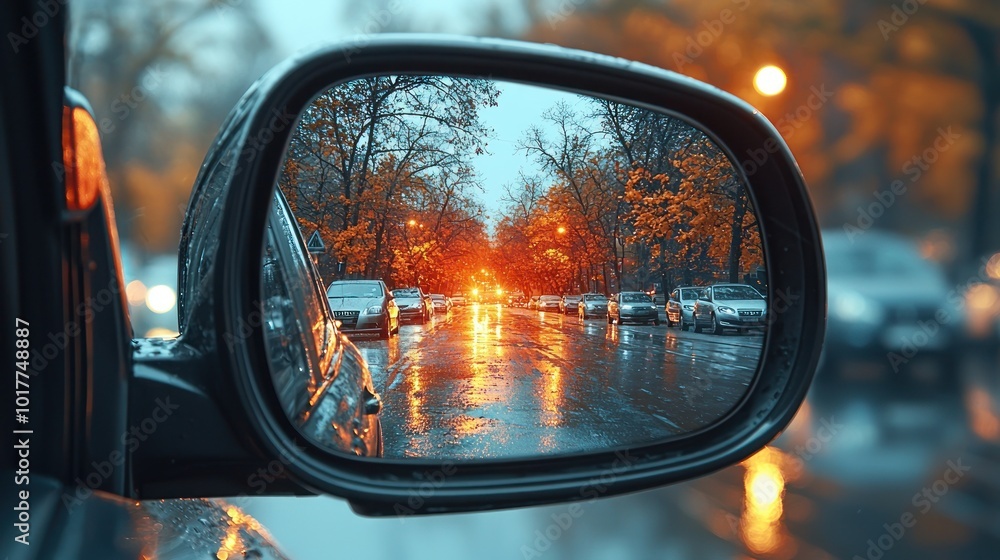 Rearview mirror reflection of a wet street with autumn trees and cars during sunset Generative AI Rearview mirror reflection of a wet street with autumn trees and cars during sunset Generative AI