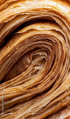 Close-up of the inner layers of a flaky croissant, showcasing its rich, buttery texture and golden hues