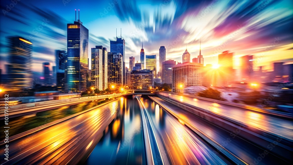 Obraz premium Dynamic City Skyline at Sunset with Motion Blur on Highway and Downtown Skyscrapers.
