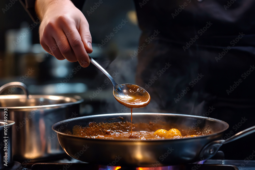 Chef tasting a sauce with a spoon, focused expression, stainless steel cookware and kitchen equipment in the background, modern restaurant kitchen. Chef tasting a sauce with a spoon, focused expression, stainless steel cookware and kitchen equipment in the background, modern restaurant kitchen.