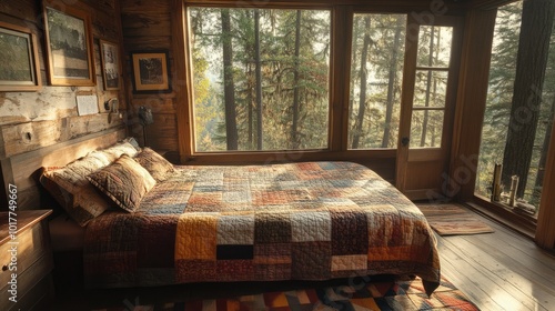 Comfortable bedroom in a wooden cabin, with a quilted bedspread and a forest view, creating a peaceful retreat.