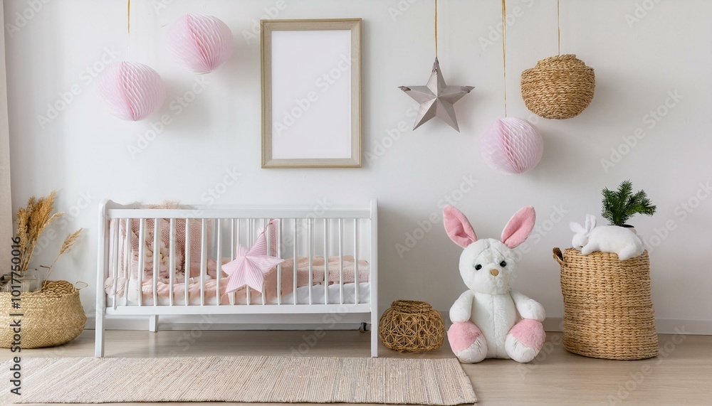 Stylish scandinavian nursery interior with mock up photo frame , white ...
