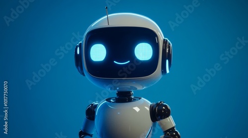 White friendly robot smiling with blue background