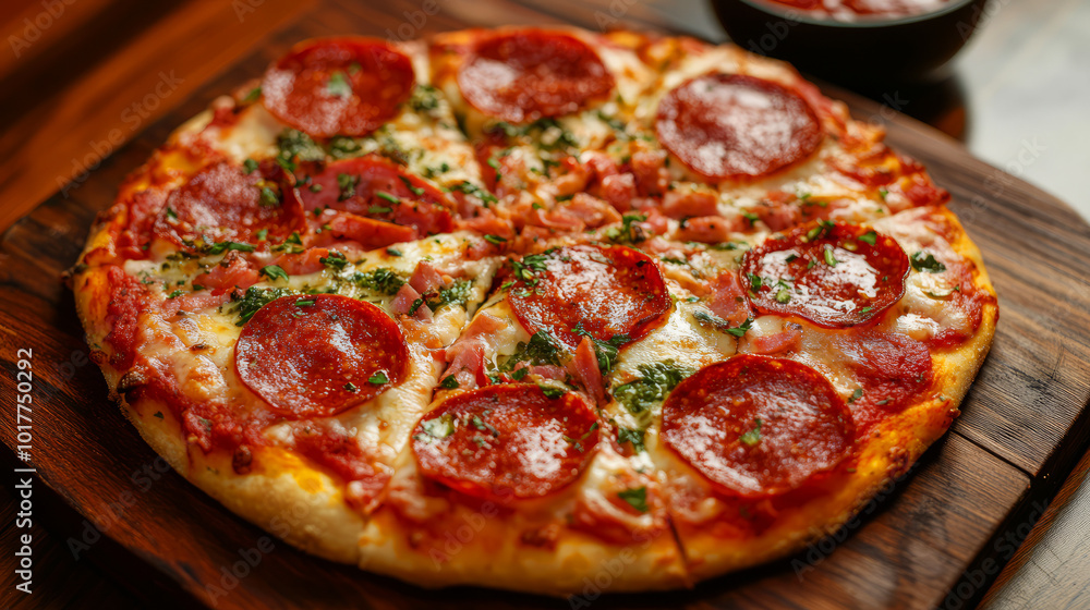 Delicious Crispy Pepperoni Pizza on Wooden Board Delicious Crispy Pepperoni Pizza on Wooden Board