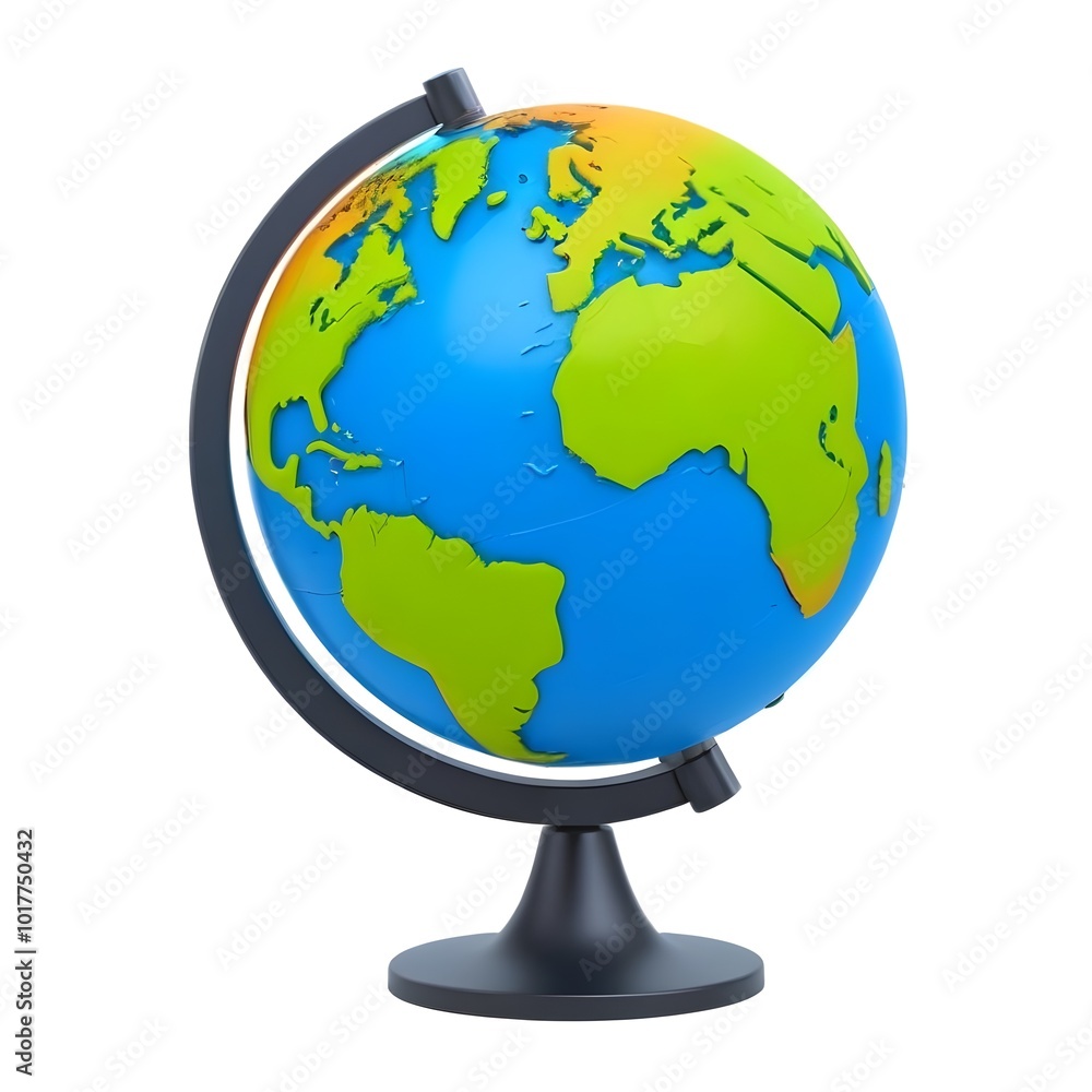 A colorful globe showing the continents and oceans of the Earth, displayed on a black stand A colorful globe showing the continents and oceans of the Earth, displayed on a black stand