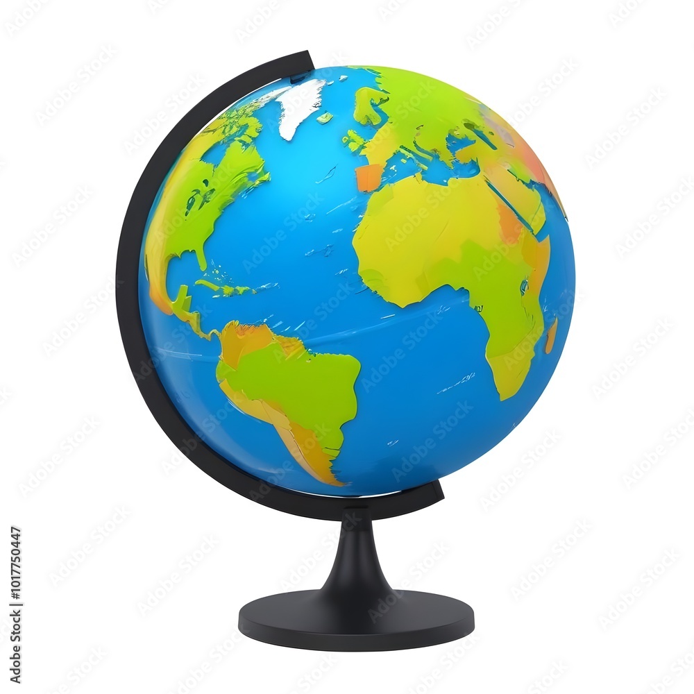 A colorful globe showing the continents and oceans of the Earth, displayed on a black stand A colorful globe showing the continents and oceans of the Earth, displayed on a black stand