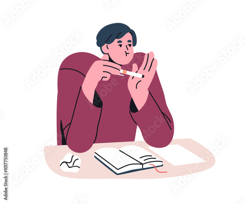 Bored unmotivated tired student at desk. Exhausted lazy unproductive man studying at table, face expression of disinterest, boredom, apathy. Flat vector illustration isolated on white background
