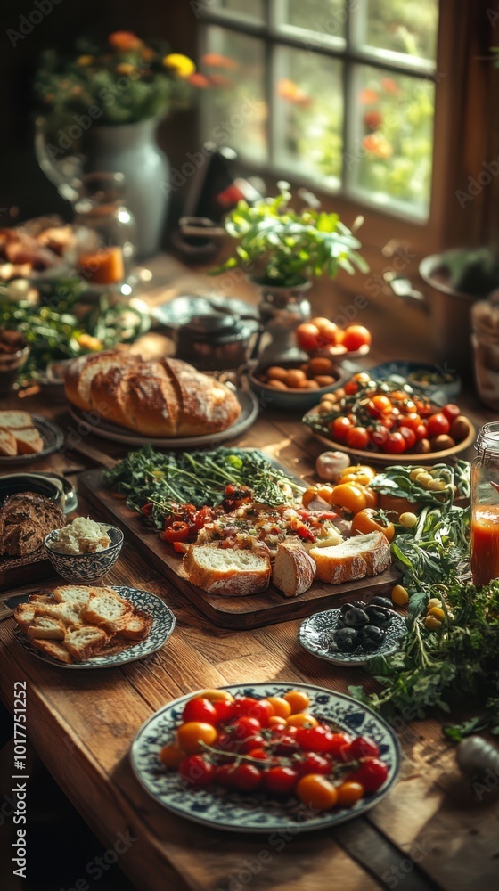 A rustic dining table filled with vibrant seasonal produce and freshly baked bread in a cozy setting A rustic dining table filled with vibrant seasonal produce and freshly baked bread in a cozy setting