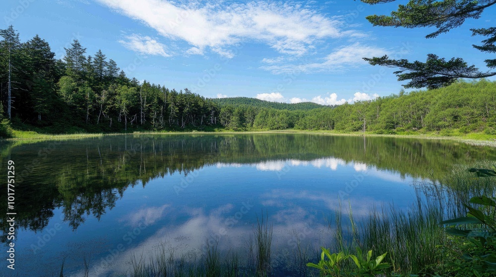 Blue Pond in Hokkaido with clear, calm blue water and standing trees, the reflection of the sky and forest creating a serene, dreamlike scene. Blue Pond in Hokkaido with clear, calm blue water and standing trees, the reflection of the sky and forest creating a serene, dreamlike scene.