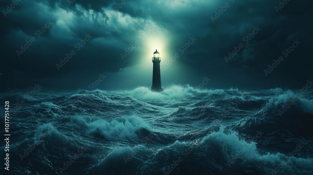 Lighthouse Beam in Turbulent Sea at Night Lighthouse Beam in Turbulent Sea at Night