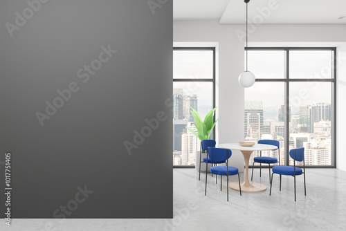 Modern dining area with blank wall and large windows. 3D Rendering
