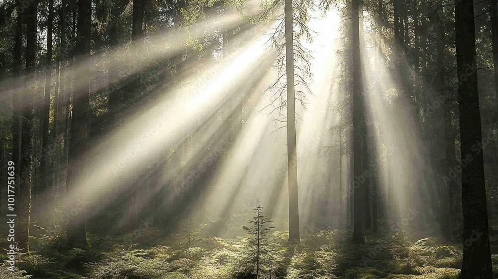 Bright sunlight cutting through tall spruce trees, creating a glowing effect on the moss and fern below, Deister, Niedersachsen --chaos 70 Bright sunlight cutting through tall spruce trees, creating a glowing effect on the moss and fern below, Deister, Niedersachsen --chaos 70
