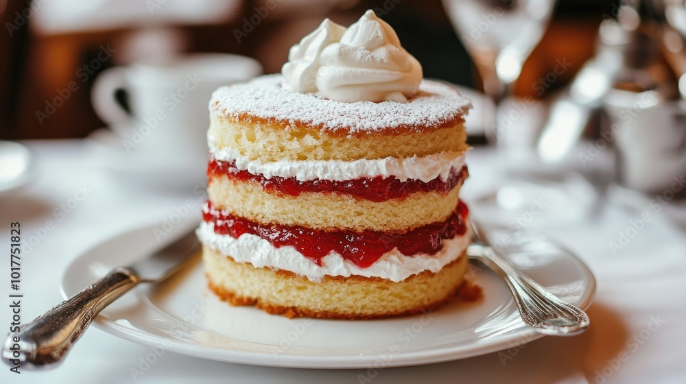 Fresh Victoria sponge cake layered with red jam and cream, served on a white plate, with a knife beside it.