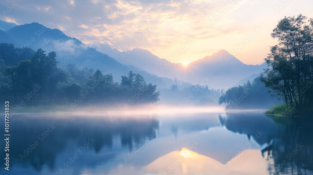 Serene Mountain Landscape at Dawn Reflection Serene Mountain Landscape at Dawn Reflection