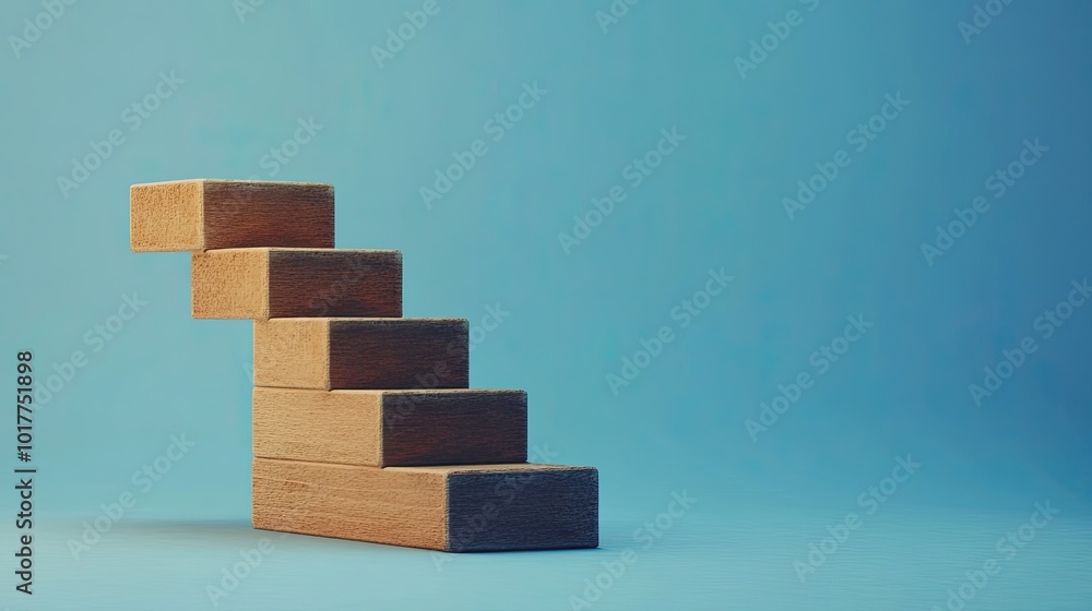 Business growth concept featuring wooden blocks forming a staircase on a blue background. A simple yet powerful visual with space for branding or text. Business growth concept featuring wooden blocks forming a staircase on a blue background. A simple yet powerful visual with space for branding or text.