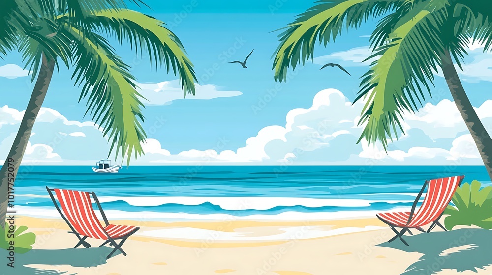 Fototapeta premium Two red and white striped lounge chairs on a tropical beach with palm trees, blue ocean, white sand, and a boat in the distance.