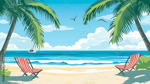 Two red and white striped lounge chairs on a tropical beach with palm trees, blue ocean, white sand, and a boat in the distance.