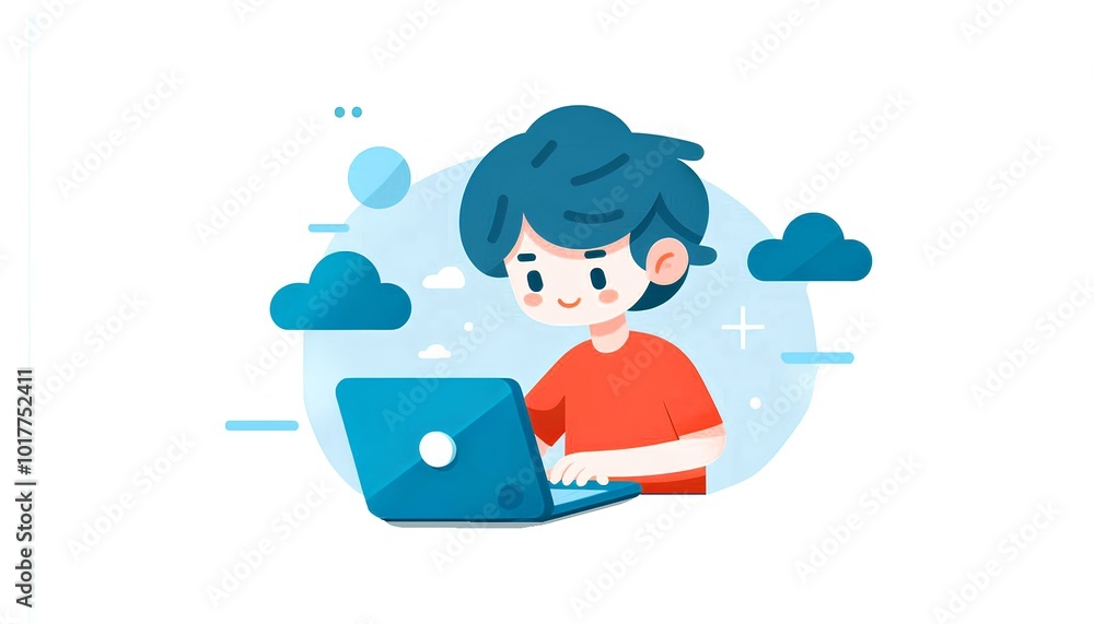 Boy using laptop, cartoon illustration Boy using laptop, cartoon illustration