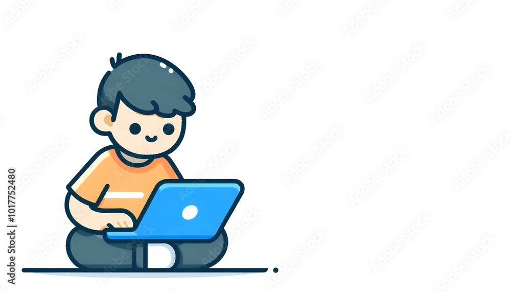 Boy using laptop, cartoon illustration Boy using laptop, cartoon illustration